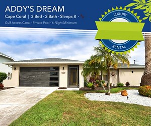 Unleash your inner captain at Addy's Dream! This waterfront haven boasts a private dock with deep water access and no bridges or locks to slow you down. Sail into endless adventures on the water. If you prefer to relax at home, you can fish off the dock or enjoy the heated pool in your private screened lanai. This spacious home offers ample seating both inside and out, making it perfect for entertaining! https://royalshell.me/AddysDream #vacation #paradise #poolside #sunshinestateofmind #gulfacc