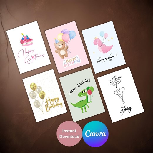 Printable Birthday Cards Bundle Editable in Canva Instant Download Set of 6 Digital Birthday Cards Instant Download Template Print at Home - Etsy