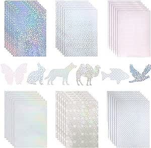 24 Sheets 6 Patterns Transparent Holographic Sticker Paper Printable Holographic Laminate Sheets Waterproof Vinyl for Cricut and Inkjet & Laser Printer for DIY Craft Home Decor 8.26x11.69 Inch