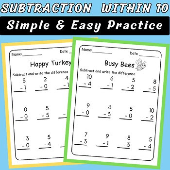 Simple Subtraction Within 10 Worksheets | Kindergarten Math Practice Pages