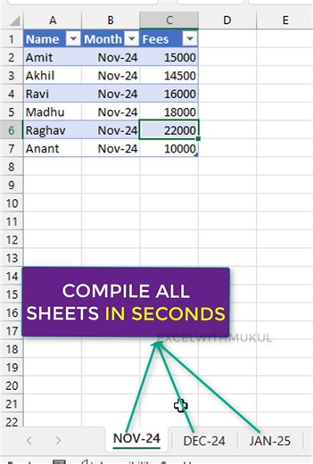 Mukul Jain | Data Analyst on Instagram: "Compile data in seconds in different sheets💪 #exceltricks #exceltips"