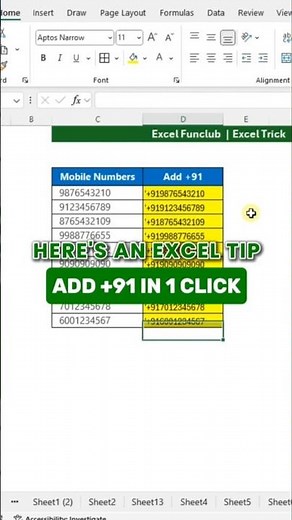 Excel Add +91 to Mobile Number #exceltips #exceltricks #exceltutorial #explore #microsoft365