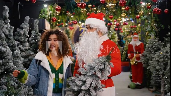 Santa Claus helping young woman choose Christmas tree Stock Video
