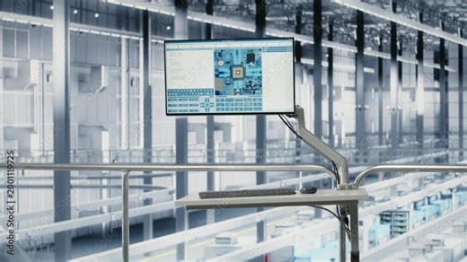 Developing advanced electronics, simulation software on display and empty microchip industry 4.0 plant. Optimizing semiconductor design, automation program technology and monitor
