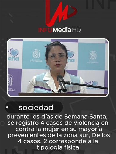 La Jefa del SLIM, Nevenca Grájeda informó que durante los días de Semana Santa, se registró 4 casos de violencia en contra la mujer en su mayoría prevenientes de la zona sur, De los 4 casos, 2 corresponde a la tipología física y el resto a violencia psicológica. Uno de los casos la victima tiene 5 días de impedimento y el agresor se encuentra con detención preventiva en un recinto penitenciario #bolivia #infomedia #poblacion #redes #BOLIVIA #lapaz #gobierno #cochabamba #policia