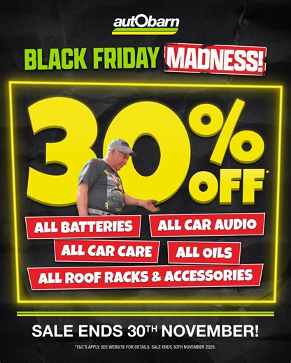 OUR BIGGEST BLACK FRIDAY EVER 欄 Shop an INSANE 30% OFF* our BIGGEST Ranges 勞 ✅ BATTERIES ✅ CAR AUDIO ✅ CAR CARE ✅ OILS ✅ ROOF RACKS & ACCESSORIES Black Friday MADNESS on In-store and online THIS WEEKEND ONLY ⏳  https://bit.ly/3nEZBpb *T&Cs apply. See website for details. Sale ends 30th November 2025. | Autobarn Belmont | Facebook