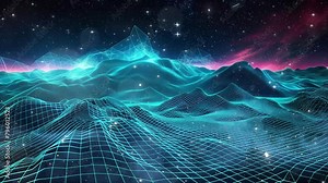 neon futuristic illustration background. retro future landscape wireframe terrain dark sky. seamless looping overlay 4k virtual video animation background