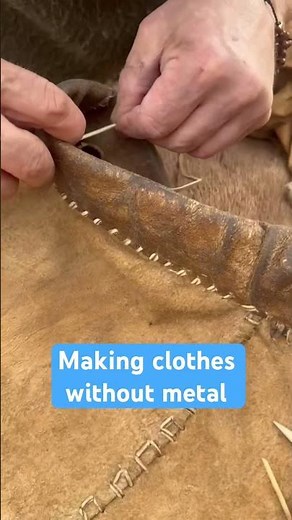 Stitching buckskin trousers using a bone needle and awl