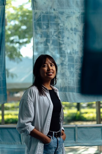 1.3K views · 18 reactions | Watch how FIAT LUX, the newest Martin House exhibition, came to be in under 60 seconds.  Don't miss your chance to see this immersive art installation by Martin House Creative Resident Cheyenne Concepcion in real life. FIAT LUX reimagines our home's central fireplace with floor decals and hanging cynanotype textiles. On display now through October 27 in the north end of the Greatbatch Pavilion. | Frank Lloyd Wright's Martin House | Facebook