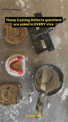 Dental Fairy | Dental Education ⭐ on Instagram: "Casting defects = MUST-KNOW topic in dental materials viva 💥 Examiners don’t ask definitions alone — they test your cause + prevention. . This reel covers the most commonly asked casting defects 👇 ✔️ Porosity ✔️ Shrinkage defects ✔️ Fins & nodules ✔️ Incomplete casting ✔️ Surface roughness 📌 If you understand why a defect occurs, prevention becomes automatic. . 👉 Save this reel for last-day viva revision 👉 Share with your lab partner 🦷 . . .