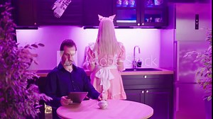 Retro maid in pink uniform serving tea to male master reading tablet news 4K