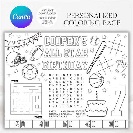 All Star Sports Birthday Coloring Page Any Age, Instant Download, Editable Text, (8.5x11") - Etsy Canada