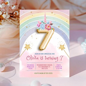 Editable Unicorn 7th Birthday Invitation, Rainbow Party Template, 5x7 Canva (digital Download) - Etsy