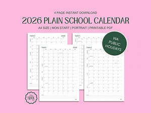 2026 Plain Western Australia School Calendar: Term Planner With WA Public Holidays (printable PDF) - Etsy UK