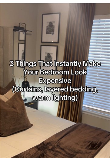 3 things that instantly make your bedroom look expensive • Floor-to-ceiling curtains for height • Layered bedding for that hotel feel • Warm lighting to set the mood #BedroomDecor #LuxuryBedroom #HomeDecorInspo #BedroomStyling #CozyBedroom