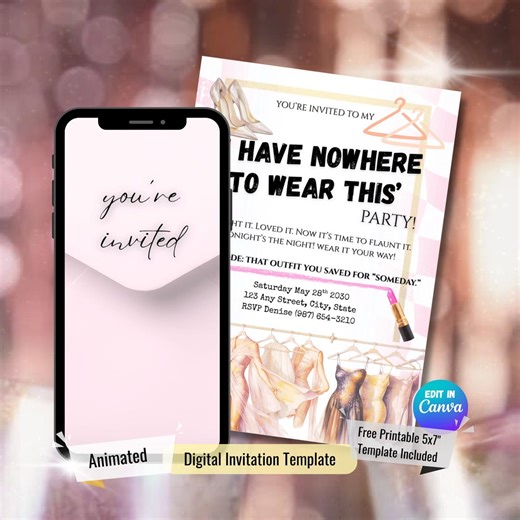 Dress-Up Night Party Invitation, Nowhere to Wear It Theme, Animated Video Evite   5x7 Printable Set, Girls Night Fashion Party, 170
