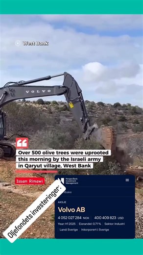 HANNA SÆLENSMINDE BOLSTAD on Instagram: "Oljefondets investeringer: 4 052 027 284 NOK «Volvokonsernet leverer anleggsmaskiner som brukes til riving av palestinske hjem på den okkuperte Vestbredden og Øst-Jerusalem, bygging av israelske bosettinger og bygging av separasjonsmuren. Volvo-busser brukes også til transporttjenester til bosettingene.» - Fagforbundet og Norsk Folkehjelp https://wtools.fagforbundet.no/oljefondet/"
