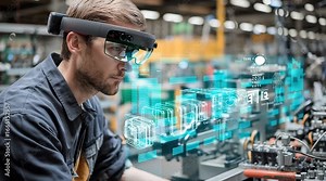 Factory worker on an assembly line wearing AR smart glasses, with a floating step-by-step 3D holographic assembly guide projected onto the workstation, showcasing Industry 4.0 and augmented manufactur