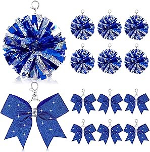 Remuuly 12 Pcs Cheer Bow Keychain With Glitter Blue Pom Pom - Cheerleader Keyrings Charm for Teen Cheerleading Sports Accessory - Women Pendant Accessories