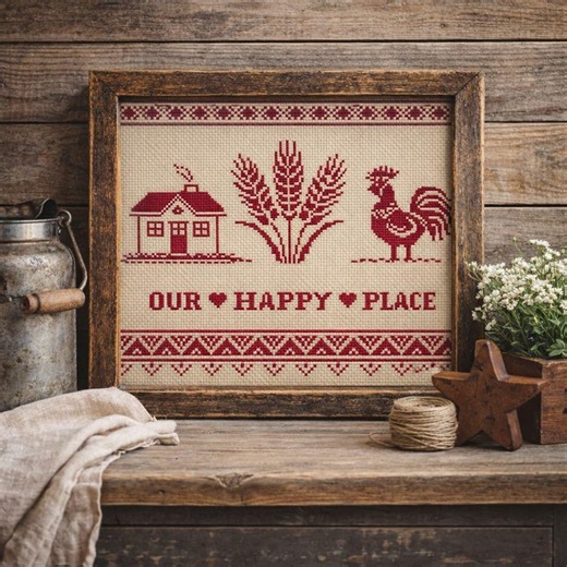 Country Sampler Cross Stitch Pattern – Our Happy Place, Primitive Folk Home Design, Rooster and Wheat PDF - Etsy UK