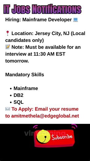 Mainframe Developer Job in Jersey City, NJ Sept 24, 2025