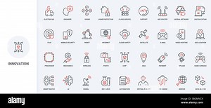 Tech innovation and AI services, digitalization line icon set. Video hosting, support, robot and virtual reality for games, process automation thin black and red outline symbols vector illustration Stock Vector Image & Art - Alamy