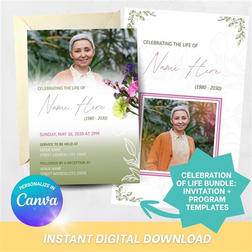 Celebration of Life Bundle | Editable Canva Invitation & Program | Colorful Wildflower Memorial Templates - Etsy