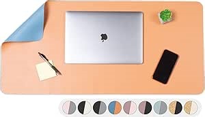 Ilyapa 36 x 17 Inch Double Sided Desk Pad - Leather Style Full Mouse Pad - Easy Clean Non Slip Computer Desk Blotter Mat for Home Or Office (Tan,Blue)