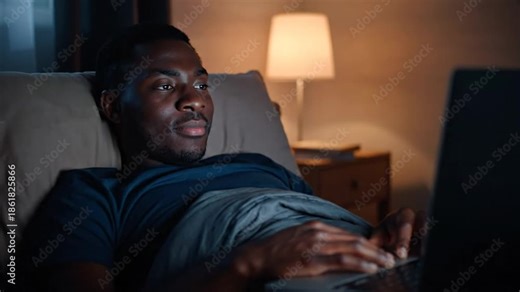 Black man smiling while watching content on laptop in bed at night with lamp and nightstand