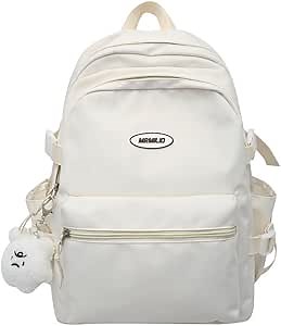 Kawaii Backpack with Cute Plush Pendant Aesthetic Casual Travel Work Backpack 36 to 55L (White)