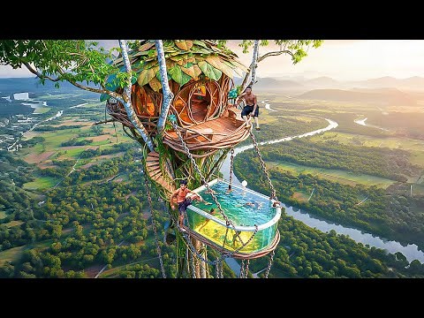 100 Days Building a Hanging Cliff Tree House 100m Above the Ground Using Primitive Tools