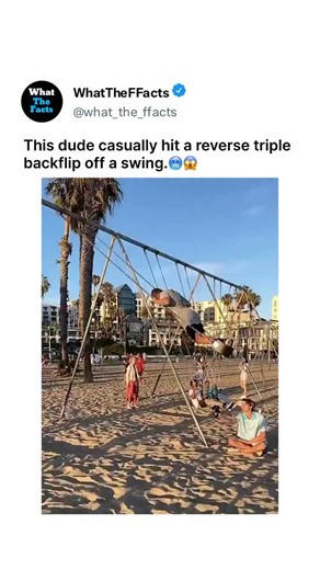 What_The_Facts on Instagram: "This high-energy video captures a remarkable display of athleticism and precision at a beachside park, likely the famous Original Muscle Beach in Santa Monica. The footage features a young man with long blonde hair utilizing a swing set to build immense momentum before launching himself high into the air. At the peak of his trajectory, he executes a perfectly timed double backflip, tucking tightly to complete the rotations before landing smoothly on the soft sand. T