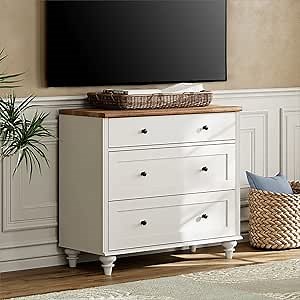 Dresser TV Stand for Bedroom, Mid Century Modern TV Console Table White Dressers with 3 Chest of Drawers, Wooden Closet Dresser for Bedroom and Living Room