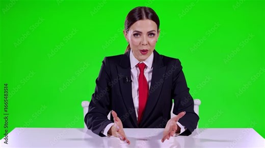 Female news anchor presenting information at a desk with a green screen background