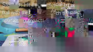 Splat painting is SO easy and super FUN for active kids. Grab some cotton balls and a small mallet, fill a few cups with paint, and head outside. This one is a bit messy... :) For the full tutorial, more pics, and how we made our own simple mallets --> https://artfulparent.com/2017/08/splat-painting.html | The Artful Parent