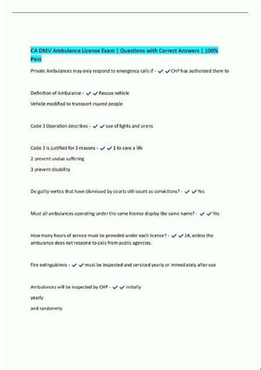 Latest CA DMV Ambulance License Exam Questions with Correct Answers 100 Pass2 video