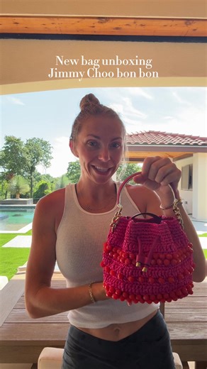 Unboxing my new summer bag I am SO obsessed! Jimmy Choo bon bon in a pink raffia with red beading! @Poshmark @Jimmy Choo #designerbagunboxing #unboxing #jimmychoo #bagunboxing #bonbon