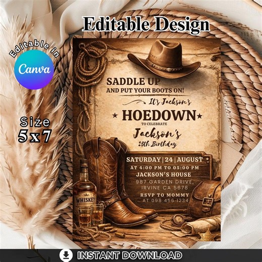 Western Hoedown Birthday Invitation, Rustic Cowboy Party Invite, Vintage Boots Hat Theme, Adult Western Celebration Card, Digital Download - Etsy