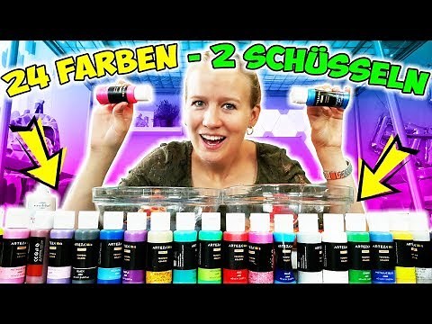 SLIME HERAUSFORDERUNG Kaan stellt Kathi knifflige Aufgabe! 2x Slime aus 24 Farben mischen! Challenge