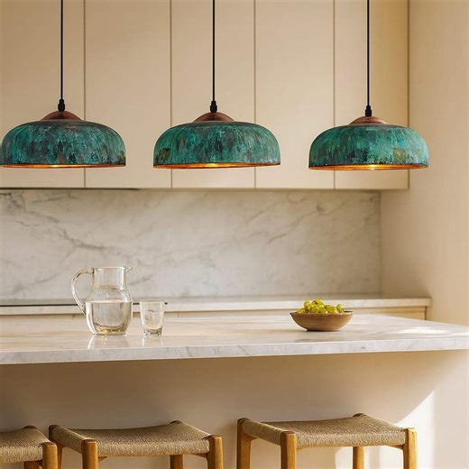 Set of 3 Rustic Farmhouse Kitchen Island Ceiling Fixture,patina Dome Lamp, Vintage Brass Green Patina, Handcrafted Kitchen Island Light - Etsy