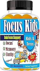 Focus Kids Gummies for Kids and Teens, Attention, Memory & Concentration, Focus Supplement for School & Study Brain Vitamins for Children DHA & Omega 3-6-9 – 60ct