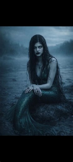 PROMPT: Create A cinematic dark fantasy portrait of a mysterious siren/mermaid sitting on a wet rock beside a misty lake at dawn. Ethereal pale skin with a cool bluish tone, piercing clear eyes, deep black lips, intense haunting expression. Long, wet, tangled hair dripping with water and algae. Realistic emerald mermaid tail with detailed scales and a fin flowing from the rock. Subtle jewels in her hands, gothic fantasy aesthetic. Misty atmosphere, soft rain, cool and moody lighting, desaturated