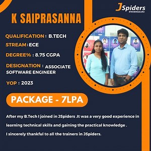 K Saiprasanna has secured the position of Associate Software Engineer with a fantastic package of 7LPA! For further updates and insights, visit our website: www.Jspiders.Com #softwareengineering #careerachievement #7lpa#jspidersbtm #careerdevelopment #jobplacement #successstory #careerprogression #professionalgrowth #softwaredeveloper | JSpiders BTM | Facebook