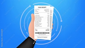 Receipt icon in a flat style isolated on a colored background. Invoice sign. Bill atm template or restaurant paper financial check. stock illustration.