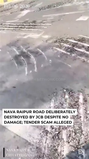 Earth Network on Instagram: "In Nava Raipur, Chhattisgarh, around February 4-6, 2026, viral social media videos show municipal authorities using JCB machines to tear up a recently laid, fully functional road with no visible cracks, potholes, or structural issues. The footage depicts heavy equipment ripping apart intact asphalt and concrete, sparking accusations of deliberate destruction to justify fresh reconstruction tenders and siphon funds. No official statement, FIR, or mainstream news cover