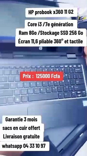 🎊🔥Destockage Hp ProBook x360 11 G 2 Travaillez, apprenez et créez sans limites grâce à la puissance et à la polyvalence du HP ProBook. Son design convertible à 360° vous permet de passer du mode ordinateur au mode tablette en un instant, pour une utilisation fluide en toutes circonstances. Avec le HP ProBook vous ne possédez pas qu’un simple ordinateur — vous tenez entre vos mains un outil de liberté et de confiance. Légèreté, élégance et performance : il vous accompagne dans vos projets . ⚙ C