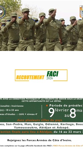 URGENT 🚨🚨🚨 INFORMATION POUR VOUS PAR RAPPORT AU RECRUTEMENT DES MILITAIRES DU RANG AU PROFIT DES FORCES ARMÉES DE CÔTE D'IVOIRE (FACI 2026 )@mirabrakaday @BLACK B @Naomi GBOCHO 🍓🔱 @motivation mono 225 @mono classik #tiktokcotedivoire🇨🇮 #faci #recrutement #2026 #pourtoi