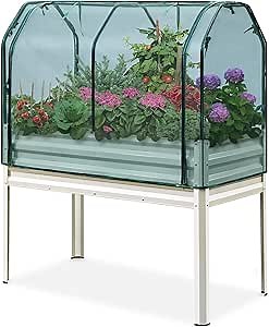 King Bird Large Raised Garden Bed with Netting Galvanized Elevated Planter Box with Legs 48×24×56 in for Backyard, Patio, Balcony, 400lb Capacity, Beige