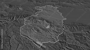 Pazardzhik, province with its capital, zoomed and extruded on the bilevel map of Bulgaria in the conformal Stereographic projection. Animation 3D