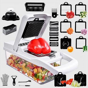 Vegetable Chopper, 25 in 1 Pro Food Chopper, Multifunctional vegetable cutter with container, onion chopper dicer, salad chopper, vegetable spiralizer, (12 Blades, Black white)